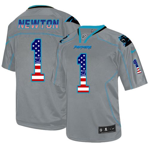 Nike Panthers #1 Cam Newton Lights Out Grey Men's Stitched NFL Elite USA Flag Fashion Jersey - Click Image to Close